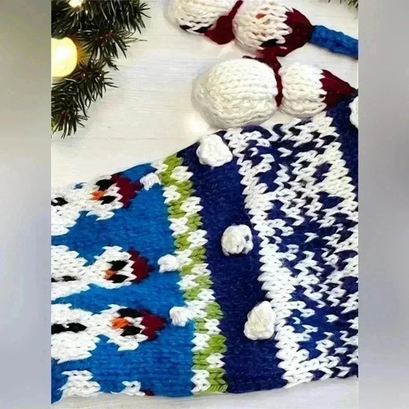 VTG Knit Christmas Stocking Snowman Blue Green Snowman Tassels Crochet Yarn - Picture 5 of 9